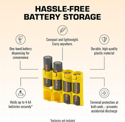 Storacell by Powerpax Slimline AA Battery Storage Caddy, Yellow - Holds 4 Batteries (Not Included)
