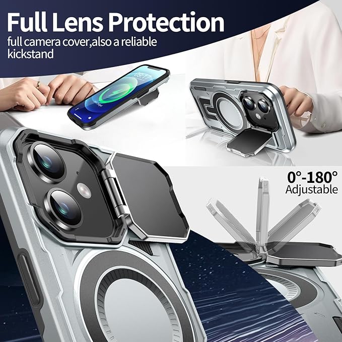 Camera Stand Case for iPhone 12/12 Pro, [Compatible with MagSafe] [Lens Cover] 2024 Version Military Grade Protective Soft Case for iPhone 12/12 Pro 6.1 inch Men Women, Grey