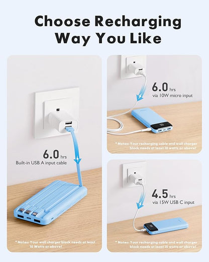 Charmast Portable Charger with Built in Cables, Power Bank with Cords Wires, Slim 10000mAh Travel Battery Pack 6 Outputs 3 Inputs 3A Fast Charging for Samsung Google Pixel LG Moto iPhone iPad