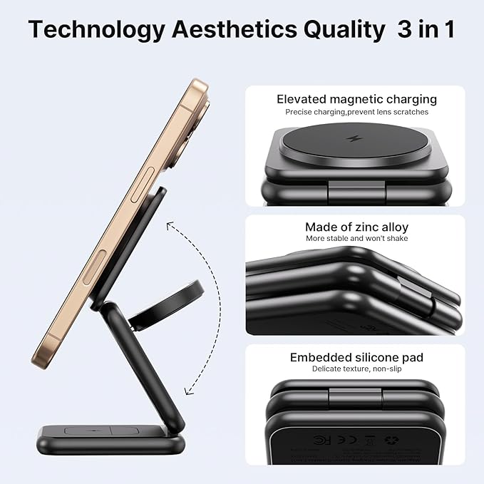 3 in 1 Charging Station for Apple Multiple Devices, Zinc Alloy Foldable Travel Wireless Charging pad for Mag-Safe Wireless Charger Stand for iPhone 16 15 14 13 12 Apple Watch Airpods
