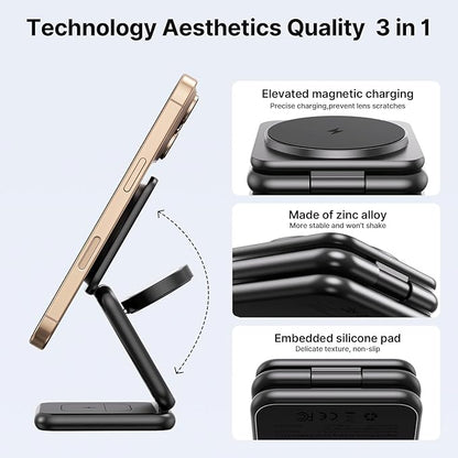 3 in 1 Charging Station for Apple Multiple Devices, Zinc Alloy Foldable Travel Wireless Charging pad for Mag-Safe Wireless Charger Stand for iPhone 16 15 14 13 12 Apple Watch Airpods