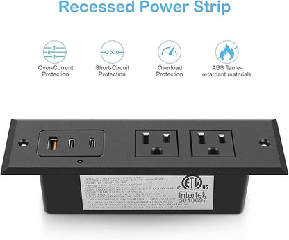 CCCEI Recessed Power Strip with 45W USB-C Ports, Fast Charging USB A Port Desk Outlet, Black Furniture Hidden Charging Station for Side Table, End Table, with 6 FT 45 Degree Flat Plug Extension Cord.