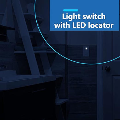 LIDER Minimalist Design Matte Finish Lighted Decorator Switch with Screwless Wall Plate, Frameless Paddle Light Switch with Locator Light, 3-Way, Grounding Screw, 15A 125V, UL Listed, White