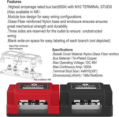 AMOMD 600A 48V Bus Bar Box 4 Stud (3/8 inch) M10 High Current Tin Plated Copper Distribution Block Positive Negative Independent Modules Electrical Battery Ground Buss Bar with Cover for RV Marine