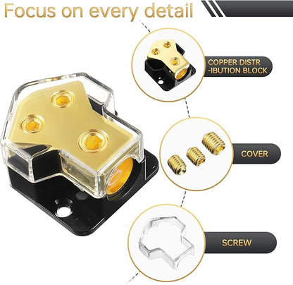 BOJACK 2 Way Splitter Amp Copper Power Distribution Block 0/2/4 AWG Gauge in, 4/8 Gauge Out for Car Audio Splitter (Pack of 1)