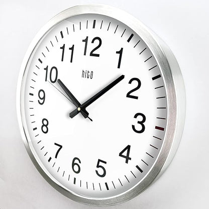 HITO 16" Silent Wall Clock Battery Operated Non Ticking Sweep Movement Glass Cover Silver Aluminum Frame, for Kitchen, Bedroom, Home Office, Living Room Decor