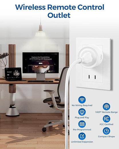 Remote Control Outlet Plug, WILAWELS Wireless Light Switch, On Off Remote Switch Outlet for Lights, Lamps, Home Appliance, 100ft RF Range, No Wiring, FCC Listed (2 Remotes + 1 Outlet) W05RC2106