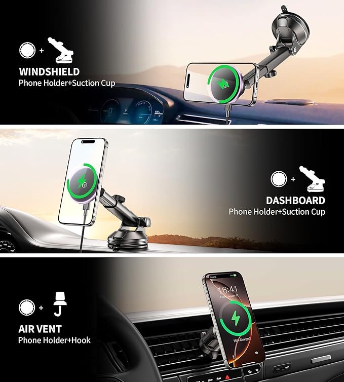 for MagSafe Car Mount Charger Dash Vent Windshield Wireless Car Charger with LED Light, Strong Magnetic Phone Holder for Car for iPhone 16 15 14 13 12 Series, Fit MagSafe Accessories (Purple)