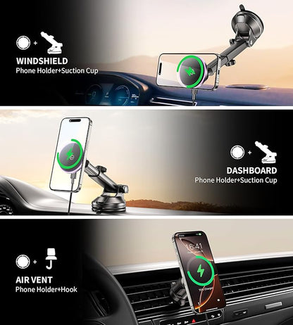 for MagSafe Car Mount Charger Dash Vent Windshield Wireless Car Charger with LED Light, Strong Magnetic Phone Holder for Car for iPhone 16 15 14 13 12 Series, Fit MagSafe Accessories (Purple)