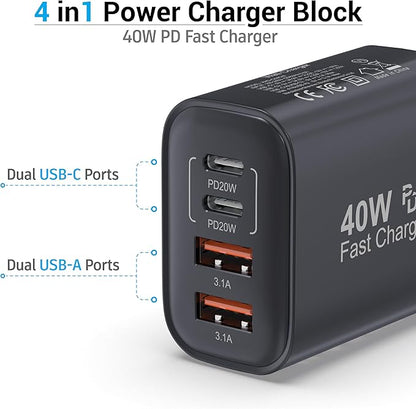 TT&C USB C Block 40W, 4 Ports Wall Plug Fast Charging Block, PD+QC Multiport Power Adapter USB C Charger Type C for iPhone 17, 17 Air, 17 Pro, 17 Pro Max, 16,15,14,13,12 Galaxy Phones-(Black 1Pack)
