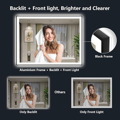 YEELAIT 55x30 Inch LED Bathroom Mirror with Lights (Front Lit and Backlit) Black Framed Lighted Vanity Mirror for Bathroom Wall Dimmable Anti-Fog Memory Tempered Glass Horizontal/Vertical