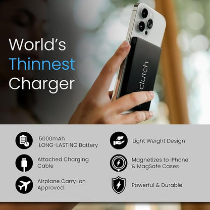 Clutch - Pro USB-C Portable Charger - Compatible with iPhone 15,16, 17 & Android Devices - Power Bank Magnetic Battery - TSA Travel Approved - USB Rechargeable - Built-in Cable - 5000 mAh - 3.7oz