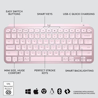 Logitech MX Keys Mini Minimalist Wireless Illuminated Keyboard, Compact, Bluetooth, Backlit, USB-C, Compatible with Apple macOS, iOS, Windows, Linux, Android, Metal Build - Rose