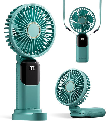 GOCKERA Portable Fan, 4200mAh Battery Operated Fan, 5 Speeds&Digital Display, Makeup Fans for Women with Base, 180°Foldable 3in1 Handheld/Neck/Desk Fan for Outdoor Indoor,Ultra Quiet (Green)