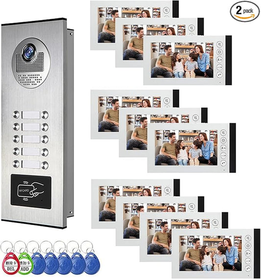 Wired Video Multifamily Apartment Intercom System,2/3/4/6/8/10/12 Units 7 inch Monitor Video Door Phone Kit,Video Doorbell, ID Card Unlock, 2 Way Audio for Home (1 doorbell + 10 Monitor)