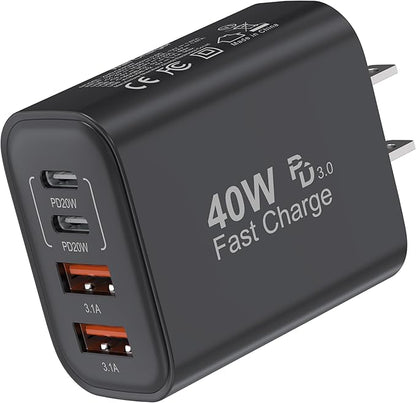 TT&C USB C Block 40W, 4 Ports Wall Plug Fast Charging Block, PD+QC Multiport Power Adapter USB C Charger Type C for iPhone 17, 17 Air, 17 Pro, 17 Pro Max, 16,15,14,13,12 Galaxy Phones-(Black 1Pack)