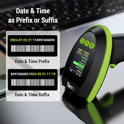 Tera Barcode Scanner Wireless 2D QR with Stand: Digital Setting Screen Keypad Pro Version Extra Fast Scanning Speed Works with Bluetooth 2.4G Wireless USB Wired Bar Code Reader HW0009-Z Green