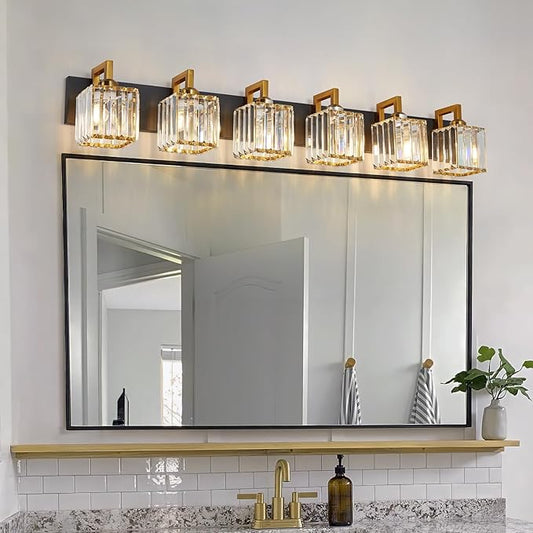 FDPBY Modern Bathroom Vanity Light 6-Lights Black Gold Crystal Wall Lamp Bathroom Modern Crystal Vanity Lighting