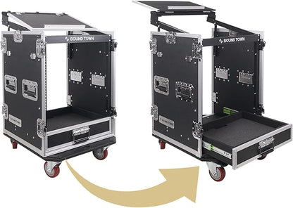 Sound Town 14U PA DJ Pro Audio Rack/Road ATA Case with 2U Drawer, 11U Slant Mixer Top, Two DJ Work Tables, Casters, Pro Tour Grade (MR-DR14UT2)