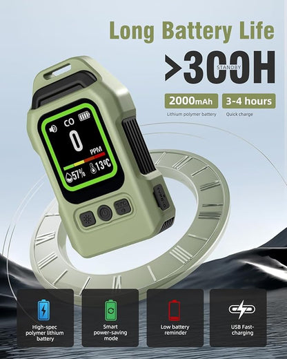 3-in-1 Portable Carbon Monoxide Detector.Visual Alarm for Camping,Travel,RV.More Than 300H Standby . Equipped With a Flashlight, Magnetic Back and Hook.Featuring CO, Temperature and Humidity Sensors