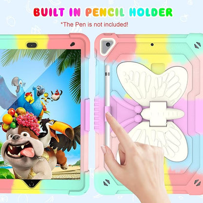 BLOSOMEET Pink Kids Case for iPad 9th/8th/7th Generation 2021/2020/2019 10.2 Inch with Tempered Glass Screen Protector & Butterfly Stand Cover for iPad 10.2 with Shoulder Strap Pencil Holder