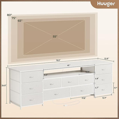 Huuger 70 Inch TV Stand for 75, 80 Inch TV, 11 Drawer Long Dresser with Power Outlets and LED Lights, Entertainment Center with Storage, White Dresser with PU Leather Surface, 1TS011W