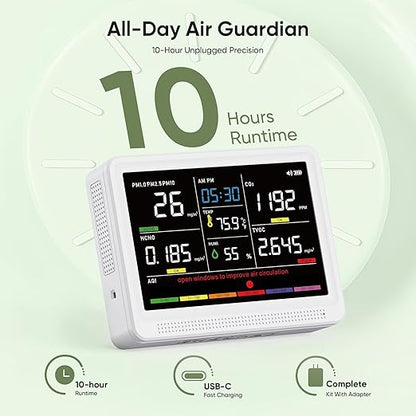 bonoch 16 in 1 Air Quality Monitor Indoor 10h-Battery & 5.5" Display 9 AQI+7 AQI Alerts, CO2 Monitor, Air Quality Tester for CO2, TVOC PM2.5 PM1.0 PM10 HCHO Temperature Humidity AQI & Time Air Meter