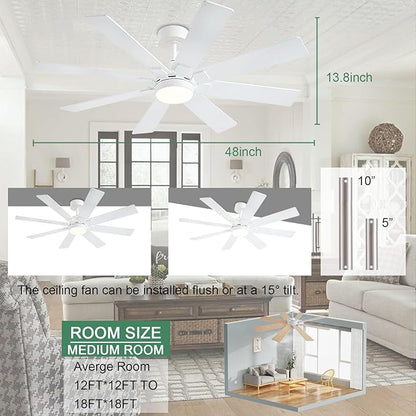 KNUN 48 Inch White Ceiling Fans with Lights and Remote/APP Control, Low Profile Ceiling Fan, 8 Blades，LED Dimmable, Reversible DC Motor, Noiseless Ceiling Fans for Bedroom Indoor/Outdoor Use