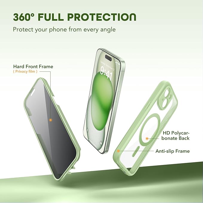 Magnetic for iPhone 15 Plus Case, Compatible with MagSafe, Built-in Privacy Screen Protector and Camera Protection, Anti Spy Full Body Dustproof Shockproof Hard Phone Case 6.7", Mint Green