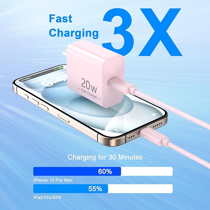 Matsusho iPhone 16 15 Charger Fast Charging 10 FT, 2 Pack 20W USB C Wall Charger with 10FT Type C Charger Fast Charging Cable for iPhone 16/16 Plus/16 Pro/16 Pro Max/15/15 Pro/15 Pro Max/15 Plus, Pink