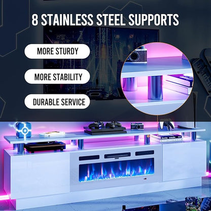 oneinmil 80" Modern Electric Fireplace TV Stand for TVs Up to 90 inch, with Electronic Flame and LED Lights, Luxury High Gloss Finish Entertainment Center, TV Console Cabinet for Living Room, White