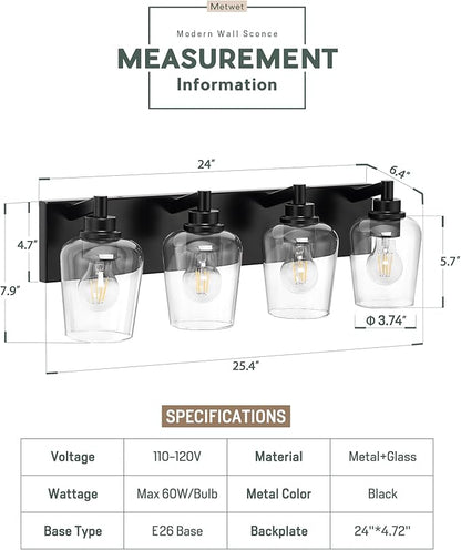 METWET Bathroom Light Fixtures, 4-Light Modern Vanity Light with Clear Glass Wine Glass-Shaped Shade, Vanity Lighting Fixtures Over Mirror, Matte Black, VL155-MB-4