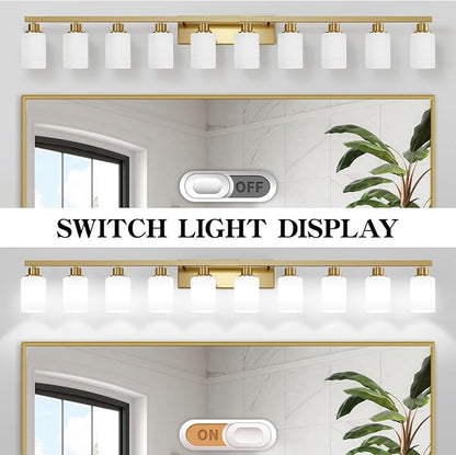 DIKAIDA Gold Bathroom Vanity Light,10-Light Brushed Gold Bathroom Light Fixtures with White Frosted Glass,64.5in Wall Lamp Sconces for Mirror Bedroom,Living Room Hallway,E26