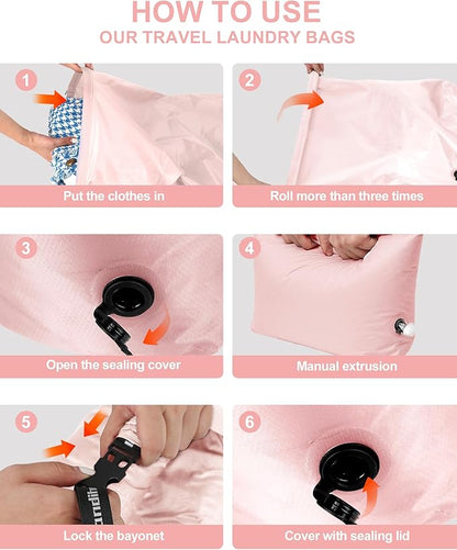 Travel Laundry Bag, Pump Free Vacuum Storage Bag Reusable Compression Dirty Clothes Travel Bag Waterproof Wet Dry Bags Large Capacity Space Saver Bags Camp Clothes Organizer (1 Pcs)(Pink, L)