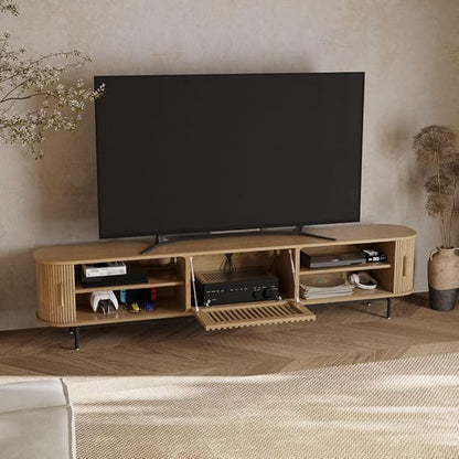 POVISON Fully-Assembled Mid Century Modern TV Stand for 85 inch TV, Sliding Door Entertainment Center with Storage, Wood TV Console, Media Console for Living Room Bedroom(Oak, 94.49")