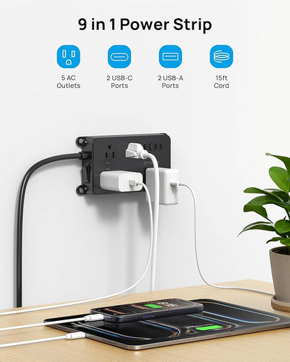 TROND Surge Protector Power Strip, 15ft Long Extension Cord, ETL Listed, 5 Widely Spaced AC Outlets, 2 USB A and 2 USB C, 1300J, Low-Profile Flat Plug, Wall Mountable, for Kitchen Office, Black