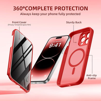 BERFY Magnetic for iPhone 14 Pro Max Case, Compatible with MagSafe, Built-in Privacy Screen Protector and Upgraded Camera Protection, Anti-Spy Full Body Shockproof Phone Case for 14 Pro Max 6.7", Red