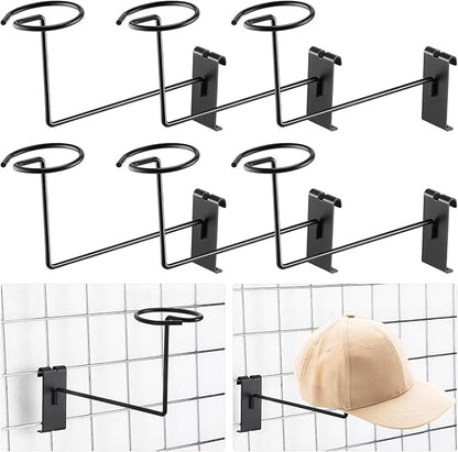 Blulu 6 Pcs Hat Displayer for Gridwall, Metal Hat Helmet Rack Retail Store Display Shelves Organizer Cap Rack Wall Fixtures Gridwall Hooks Accessories for Craft Show Garage (Black)