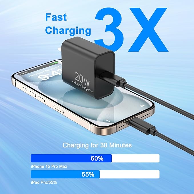 Matsusho iPhone 16 15 Charger Fast Charging 10 FT, 2 Pack 20W USB C Wall Charger with 10FT Type C Charger Cable Compatible for iPhone 16/16 Plus/16 Pro/16 Pro Max/15/15 Pro/15 Pro Max/15 Plus, Black