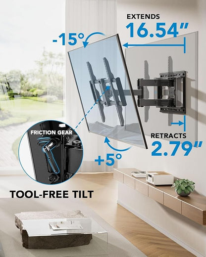 Pipishell Full Motion TV Wall Mount for 42-85 inch Flat Screen LED TV up to 132lbs Swivel Dual Articulating Arms Mount, Tool-Free Tilt Bracket Max VESA 600x400mm, Fits 8” 12” 16" Wood Studs