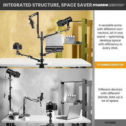 TARION Overhead Camera Desk Mount: 4-in-1 Heavy Duty Mount Set with 1 Mic Boom Stand + 3 Articulating Arms for DSLR Cameras Ring Light Monitor Laptop - Live Stream Stand TitanRig Desk