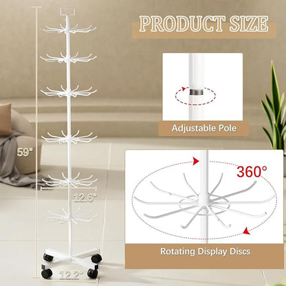 Exttlliy Retail Display Stand Store Display Rack 6 Tier Metal Spinning Display Stand Rack with Wheels Keychain Jewelry Stocking Hat Stand with Hooks for Malls, Showroom, Retail Store (6 Tier White)