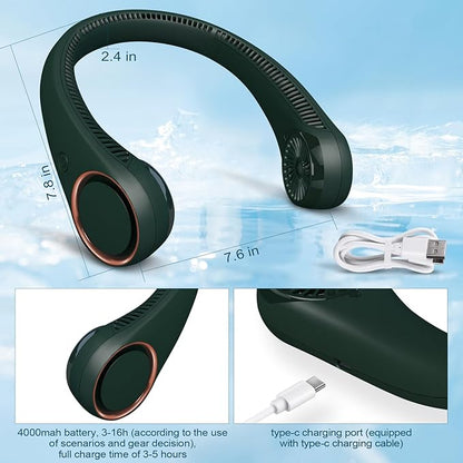 CIVPOWER Neck Fan: Portable Personal Neck Cooling Rechargeable Bladeless Fan - Hands Free 3 Speed 4000 mAh Battery USB Operated Wearable Headphone Design - for Men Women Outdoor Indoor (Dark Green)
