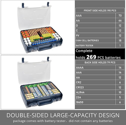 Aptbyte Battery Organizer Storage Holder Box Case with Tester- 269 Batteries Double-Sided Variety Pack, Holds AA AAA 4A C D Cell 9V 3V Lithium LR44 CR2 CR123 CR1632 18650 Button- Blue (Box Only)