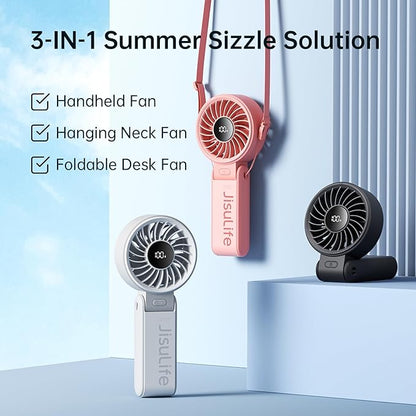 JISULIFE Handheld Fan Life7 – Ultimate Flexibility: High-Power Motor, LED Display, 3600mAh Rechargeable, 5-Speed, Foldable Design, 3-IN-1 Portable Hand/Desk/Neck Fan for Travel, Gift for Women (Pink)