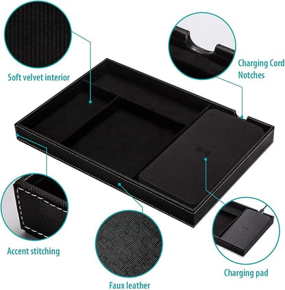 Valet Tray, Built in Wireless Charging Pad, Nightstand Organizer, Dresser Organizer, Mens Jewelry Box, Valet Charging Station, Faux Leather Valet Tray for Men and Women, (Black)