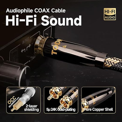 TODN Audiophile Digital Coaxial Cable HiFi SPDIF Coax Audio Cable 75-Ohm RCA Male to Male for Subwoofer, TV, Apm (4.9ft /1.5m)