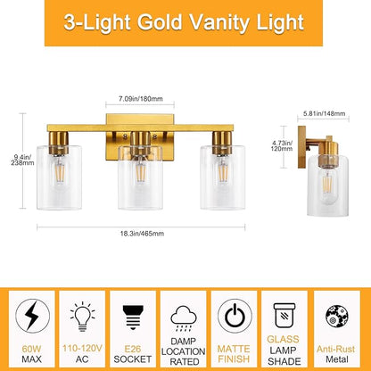 SOPEAS Gold 3-Light Bathroom Vanity Light, Modern Brushed Gold Vanity Lights with Clear Glass Shades, Bathroom Wall Sconce Lamp for Mirror Living Room Bedroom Hallway
