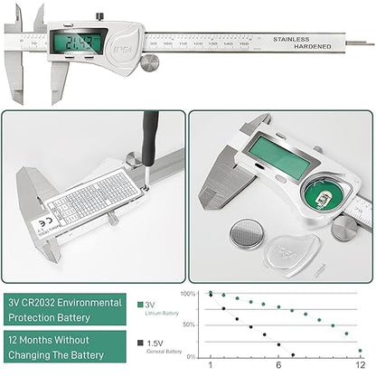 Electronic Digital Vernier Caliper Measuring Tool, IP54 Waterproof Electronic Micrometer Caliper, 150mm/0-6 inch Stainless Steel Vernier Caliper with Large LCD Screen, Inch Metric Conversion