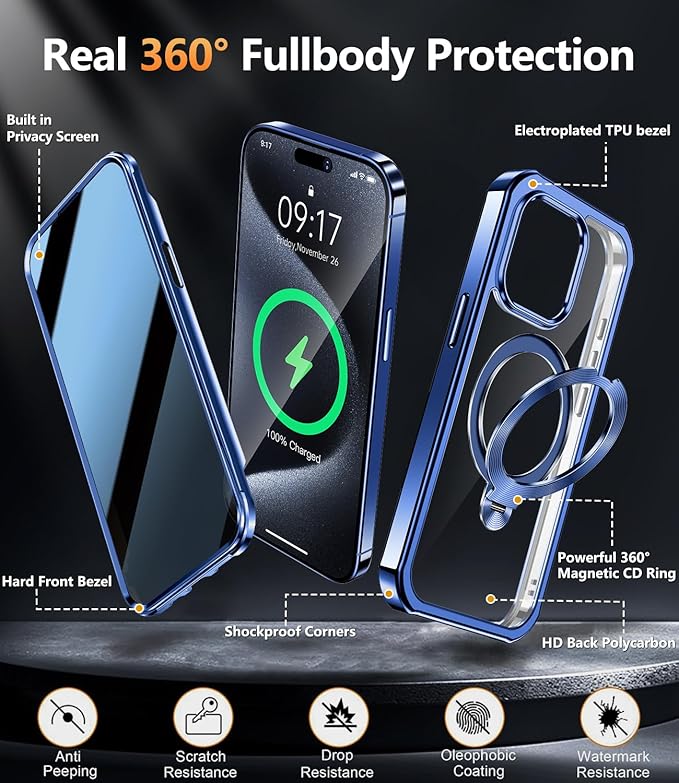 [360° Rotatable CD Stand & Built-in Privacy Screen Magnetic Case for iPhone 15 Pro Max[Compatible with MagSafe&Full Signal] Mil-Grade Shockproof Full Body Anti-Spy Cover for 15 Pro Max-Blue